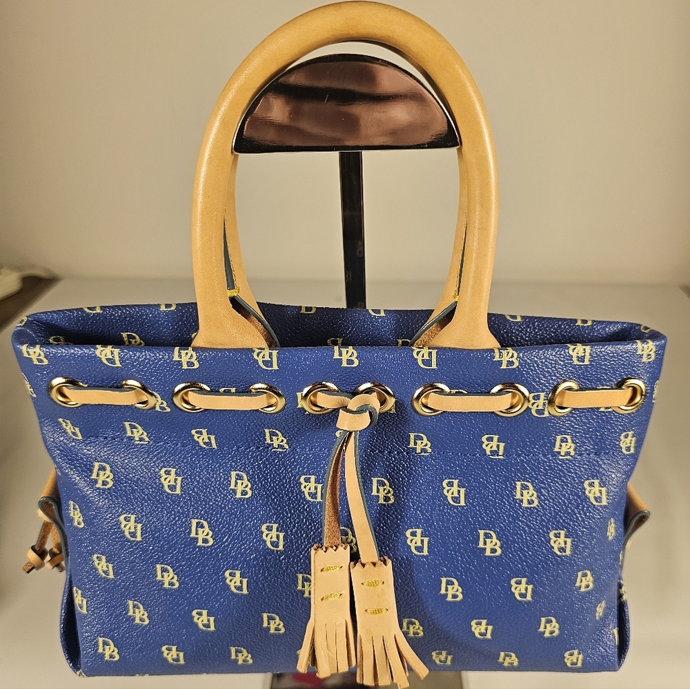 VTG Dooney & Bourke Blue And Gold (Tan Leather) Monogrammed Leather Mini Tote